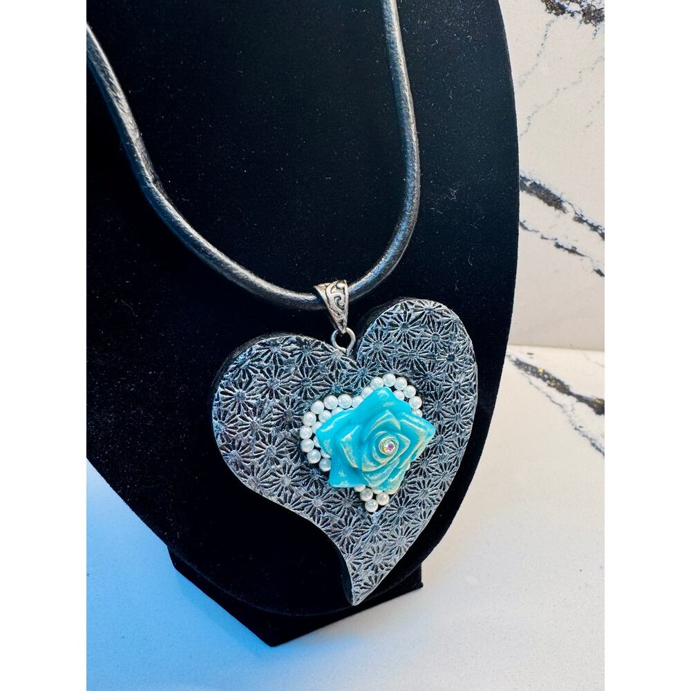 Blue Rose Heart Necklace & Earrings Set Statement Silver Tone